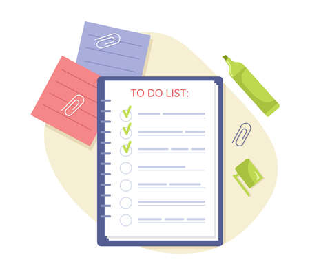 To do list and stationery 2D vector isolated illustration. Office flat objects on cartoon...