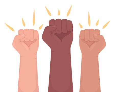 Protesting semi flat color vector hand gesture. Editable pose. human body part on white. Fighting for human rights cartoon style illustration for web graphic design, animation, sticker packのイラスト素材