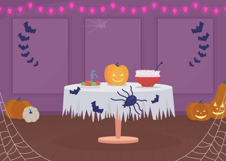 Halloween home party arrangement flat color vector illustration. holiday meal. seasonal event. Spooky decorations. Fully editable 2D simple cartoon interior with pumpkins on backgroundのイラスト素材