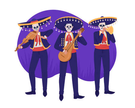 Day of dead musicians 2D vector isolated illustration. Flat characters on cartoon background. Mexican traditional celebration colorful editable scene for mobile, website, presentationのイラスト素材