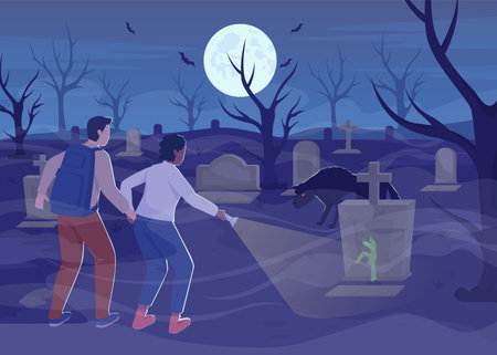 Graveyard flat color vector illustration. Couple cemetery visiting night. Halloween. Ominous environment. Fully editable 2D simple cartoon characters with full moon and bats on backgroundのイラスト素材