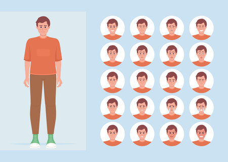Changing moods of young man semi flat color character emotions set. mental states. Editable facial expressions. Psychology vector style illustration for motion graphic design and animationのイラスト素材