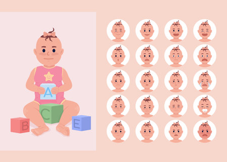 Emotional conditions of baby girl semi flat color character emotions set. Editable facial expressions. Vector style illustration for motion graphic design and animation. Quicksand font usedのイラスト素材