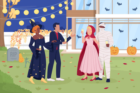 Guests wearing carnival costumes at Halloween party flat color vector illustration. Fully editable 2D simple cartoon characters with decorated backyard on background. Bebas Neue font usedのイラスト素材