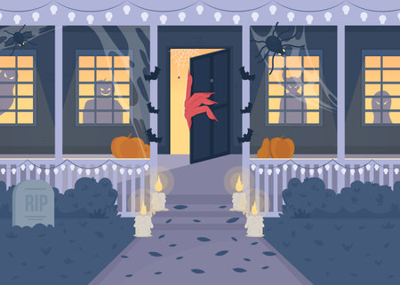 House with wicked monsters flat color vector illustration. Haunted residence. Porch with pumpkins. Halloween. Fully editable 2D simple cartoon house exterior with spooky decorations on backgroundのイラスト素材
