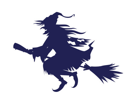 Witch riding broom semi flat color vector character. Editable figure. Full body person on white. Folklore character simple cartoon style illustration for web graphic design and animationのイラスト素材