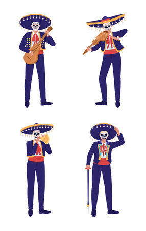 Day of dead fancy costume semi flat color vector character set. Editable figures. Full body people on white. Folklore simple cartoon style illustrations pack for web graphic design and animationのイラスト素材
