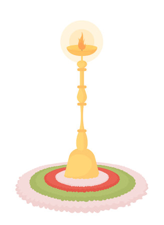 Rangoli candle holder semi flat color vector object. editable element. Full sized item on white. Gold Diwali decoration simple cartoon style illustration for web graphic design and animationのイラスト素材