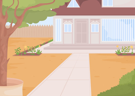 Modern house with large windows flat color vector illustration. Contemporary building with large front yard. Cottage. Fully editable 2D simple cartoon cityscape with home exterior on backgroundのイラスト素材