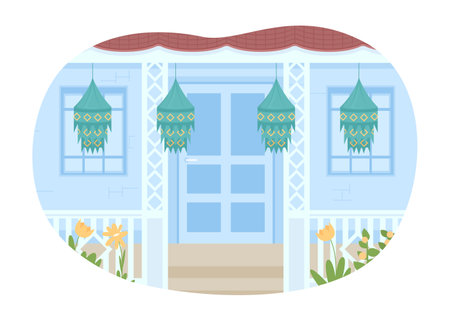 Decorating house for Diwali 2D vector isolated illustration. Hanging paper lanterns outdoors flat home exterior on cartoon background. Colorful editable scene for mobile, website, presentationのイラスト素材