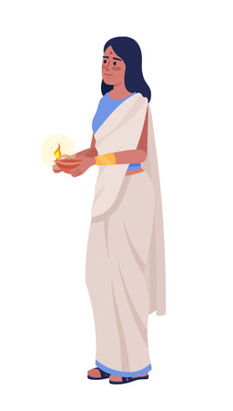 Woman in sari with burning diya semi flat color vector character. Editable figure. Full body person on white. Diwali celebration simple cartoon style illustration for web graphic design and animationのイラスト素材