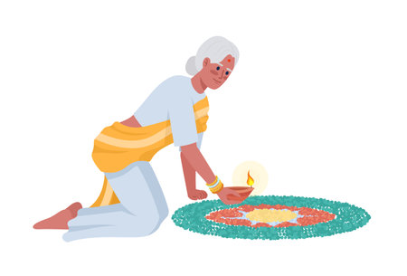 Senior woman with mandala and diya semi flat color vector character. Editable figure. Full body person on white. Diwali holiday simple cartoon style illustration for web graphic design and animationのイラスト素材