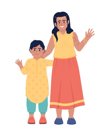 Siblings wearing clothes for indian festival semi flat color vector characters. Editable figures. Full body people on white. Simple cartoon style illustration for web graphic design and animationのイラスト素材