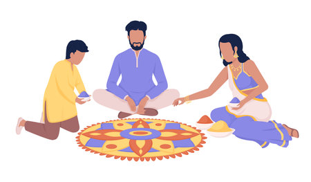 Indian family making rangoli design semi flat color vector characters. Editable figures. Full body people on white. Hindu festival simple cartoon style illustration for web graphic design, animationのイラスト素材
