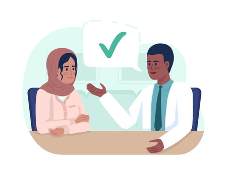 Woman listening to doctor advice 2D vector isolated illustration. Medicine flat characters on cartoon background. Healthcare colorful editable scene for mobile, website, presentationのイラスト素材