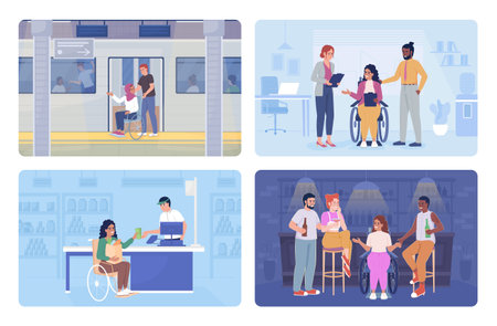 Social inclusion 2D vector isolated illustration set. Equal opportunities flat characters on cartoon background. Lifestyle colorful editable scenes collection for mobile, website, presentationのイラスト素材