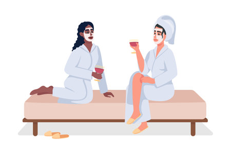 Friends relaxing at spa 2D vector isolated illustration. Recreation time at beauty salon flat characters on cartoon background. Girl party colorful editable scene for mobile, website, presentationのイラスト素材