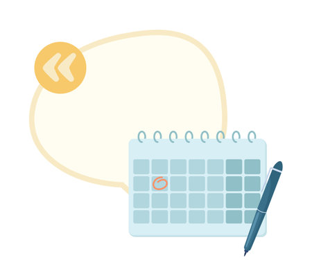Business scheduling quote textbox with flat objects. time management. Save important date. Speech bubble with editable cartoon illustration. Creative quotation isolated on white backgroundのイラスト素材