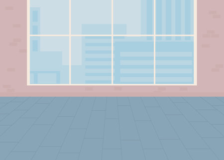 Studio with panoramic window in city flat color vector illustration. Spacious office for rent. contemporary real estate. Fully editable 2D simple cartoon interior with cityscape on backgroundのイラスト素材