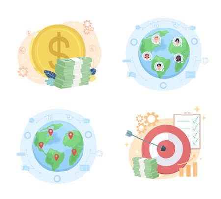 Financial benefits of remote work flat concept vector illustration set. Editable 2D cartoon objects on white for web design. Expand business creative ideas collection for website, mobile, presentationのイラスト素材