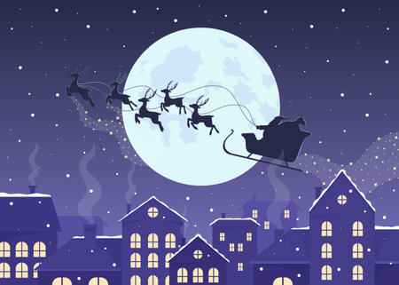 Santa sled silhouette above night cityscape flat color vector illustration. Xmas holiday. winter season. Fully editable 2D simple cartoon characters with festive Christmas atmosphere on backgroundのイラスト素材