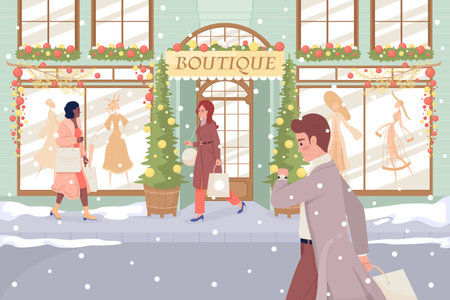 Christmas shopping flat color vector illustration. Xmas holiday. winter season. Fully editable 2D simple cartoon characters with festive New Year atmosphere on background. Tapestry Regular font usedのイラスト素材
