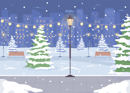 Night winter park with street light flat color vector illustration. Xmas holiday celebration. wonderland scene. Fully editable 2D simple cartoon cityscape with Christmas scenery on backgroundのイラスト素材