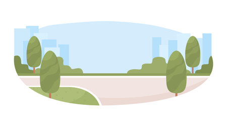 Infrastructure 2D vector isolated illustration. Roadside trees flat objects on cartoon background. Urban buildings and streets colorful editable scene for mobile, website, presentationのイラスト素材