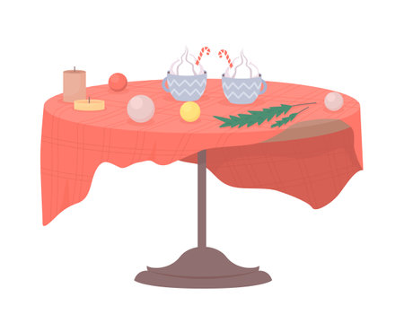 Festive table with Christmas ornaments, food semi flat color vector object. editable element. Full sized item on white. Simple cartoon style illustration for web graphic design and animationのイラスト素材