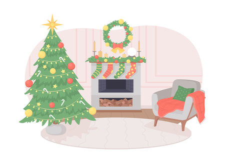 Christmas living room decor 2D vector isolated illustration. Xmas tree near fireplace flat residential composition on cartoon background. Colorful editable scene for mobile, website, presentationのイラスト素材