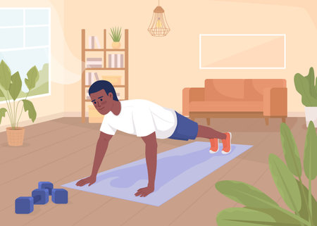 Man doing push ups flat color vector illustration. Regular exercising at home. Active lifestyle and healthcare. Fully editable 2D simple cartoon character with living room on backgroundのイラスト素材