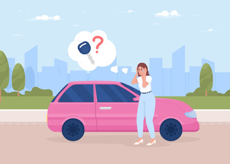 Woman with panic attack near car flat color vector illustration. Driver lost ignition key. Fully editable 2D simple cartoon character with city street on background. Balsamiq Sans Regular font usedのイラスト素材