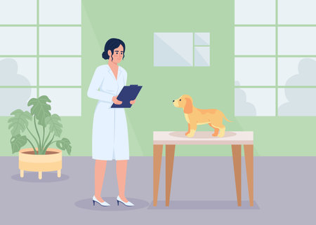 Veterinarian doc examining dog flat color vector illustration. Medical help for animals. Vet healthcare service. Fully editable 2D simple cartoon character with hospital ward on backgroundのイラスト素材