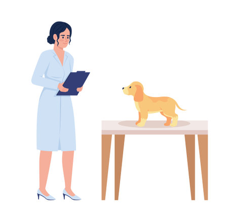 Veterinarian doctor examining puppy semi flat color vector character. Editable figure. Full body person on white. Medicine simple cartoon style illustration for web graphic design and animationのイラスト素材