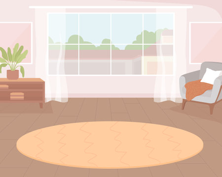 Patterned carpet near large window flat color vector illustration. Idea of home design. Comfortable hotel room. Fully editable 2D simple cartoon interior with city street on backgroundのイラスト素材