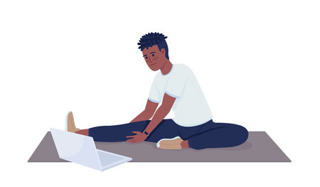 Man doing stretching exercises near laptop semi flat color vector character. Editable figure. Full body person on white. Workout simple cartoon style illustration for web graphic design and animationのイラスト素材