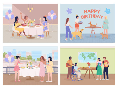 Holiday celebration flat color vector illustrations set. Festive party. Fully editable 2D simple cartoon characters collection with interiors and exterior on background. Fredoka One font usedのイラスト素材