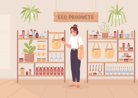 Shopping for eco products flat color vector illustration. organic cosmetics purchase. Fully editable 2D simple cartoon character with store interior on background. Nerko One Regular font usedのイラスト素材
