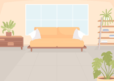 Comfortable sofa in living room flat color vector illustration. Stylish furnished apartment. Cozy place to rest. Fully editable 2D simple cartoon interior with window on backgroundのイラスト素材