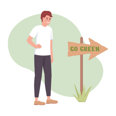 Go green lifestyle 2D vector isolated illustration. Responsive consumption flat character on cartoon background. Colorful editable scene for mobile, website, presentation. Nerko One Regular font usedのイラスト素材