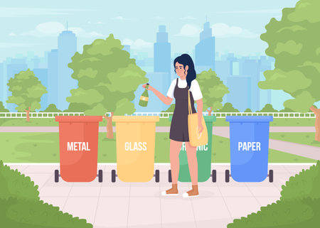 Recycling bins flat color vector illustration. woman sorting garbage. environmental care way. Fully editable 2D simple cartoon character with green park on background. Bebas Neue font usedのイラスト素材