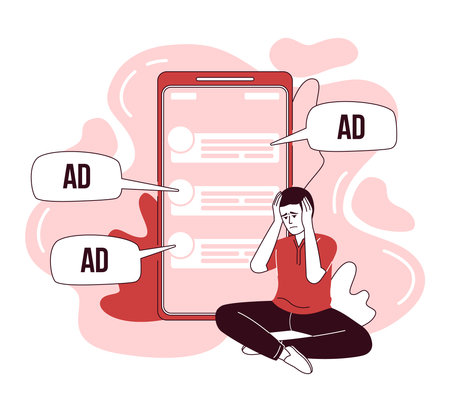 Annoying ads flat concept vector illustration. Overwhelmed man. Editable 2D cartoon character on white for web design. Stress creative ideas for website, mobile, presentation. Bebas Nenue font usedのイラスト素材