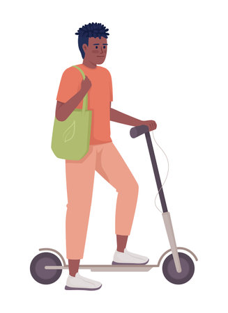 Guy with electric kick scooter semi flat color vector character. urban mobility. Editable figure. Full body person on white. Simple cartoon style illustration for web graphic design and animationのイラスト素材