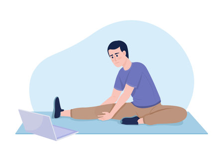 Man following online workout 2D vector isolated illustration. Stretching exercise. Home training flat elements on cartoon background. Colorful editable scene for mobile, website, presentationのイラスト素材