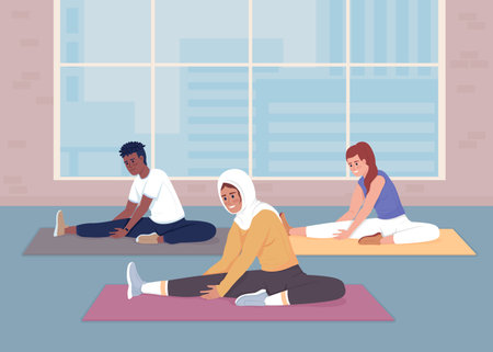 Workout in sport club flat color vector illustration. stretching session. yoga exercises. fitness activities. improve flexibility. Fully editable 2D simple cartoon characters with gym on backgroundのイラスト素材