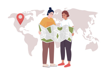 Couple planning vacation 2D vector isolated illustration. Travel partner. Picking destination flat characters on world map background. Colorful editable scene for mobile, website, presentationのイラスト素材