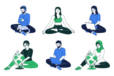 Lifestyle and activities flat color linear vector characters set. Editable figures. Full body people on white. Cartoon style thin line illustrations pack for web graphic design and animationのイラスト素材