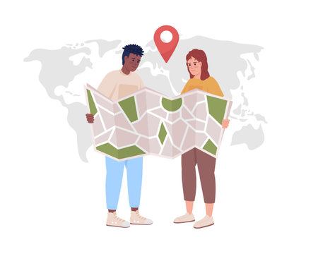 Planning romantic weekend getaway 2D vector isolated illustration. couple vacation. Route consulting flat characters on world map background. Colorful editable scene for mobile, website, presentationのイラスト素材