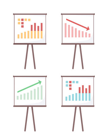Business processes presentation semi flat color vector objects set. editable elements. Full sized items on white. Analytics simple cartoon style illustrations pack for web graphic design and animationのイラスト素材