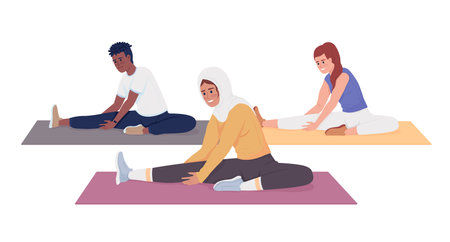 Workout in sport club semi flat color vector character. Editable figure. Full body people on white. Stretching exercises simple cartoon style illustration for web graphic design and animationのイラスト素材